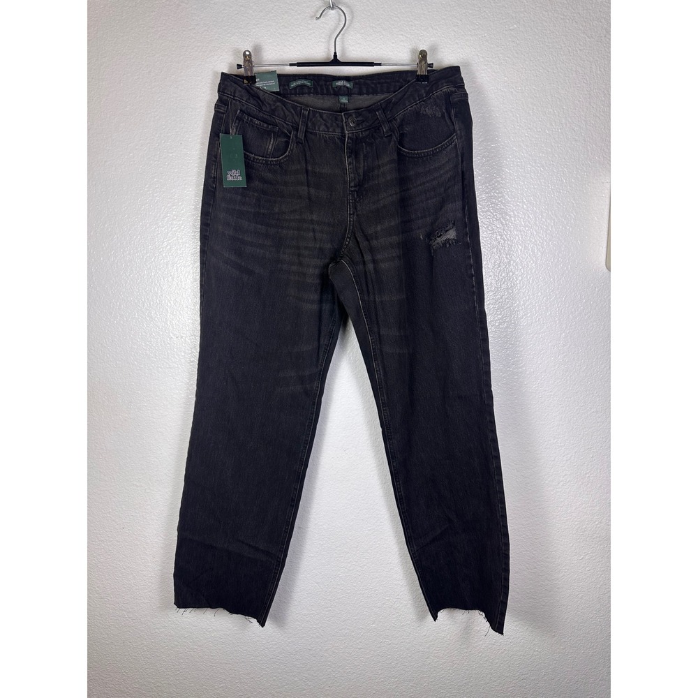 Wild Fable Womens Mid Rise Curvy Straight Jeans Black Distressed Raw Hem Size 14
